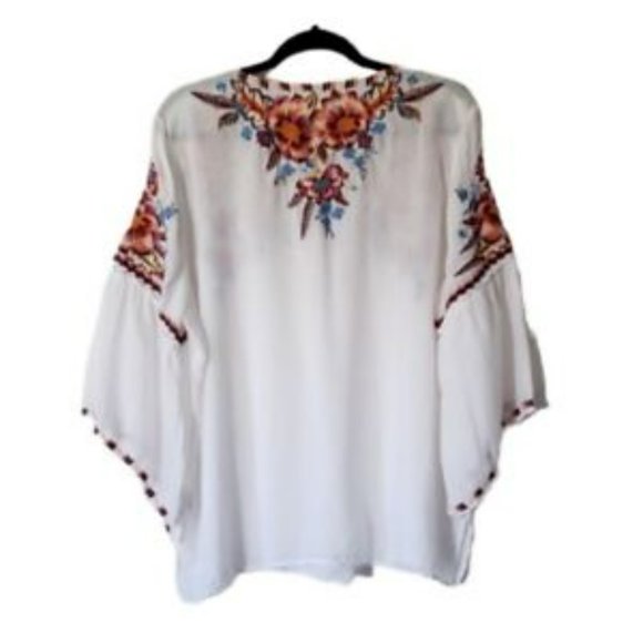Johnny Was Workshop White Top Tunic Floral Embroidered Blouse 100% Ramie Size XL - Picture 2 of 8